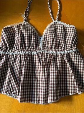 RSQ Brown & White Gingham Smocked Cami Chemise beach